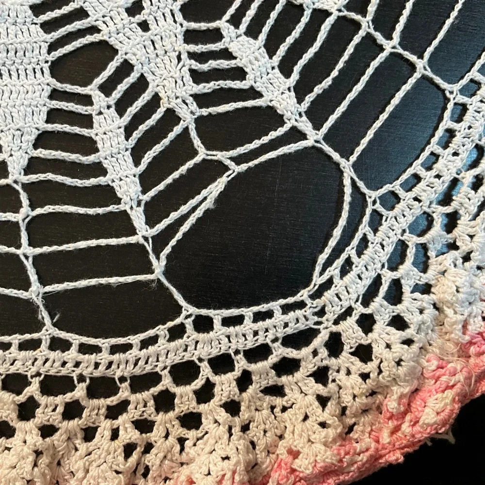 Vintage Crochet Doily White with Pink Edging Round Handmade‎ Table Décor